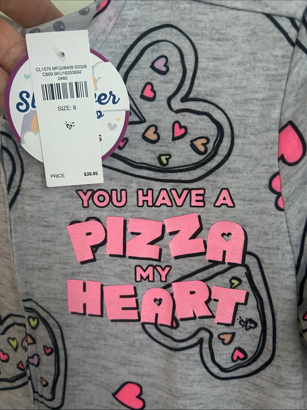 Justice Gray Heart Pizza Graphic One-Piece Pajamas with Pink Accents